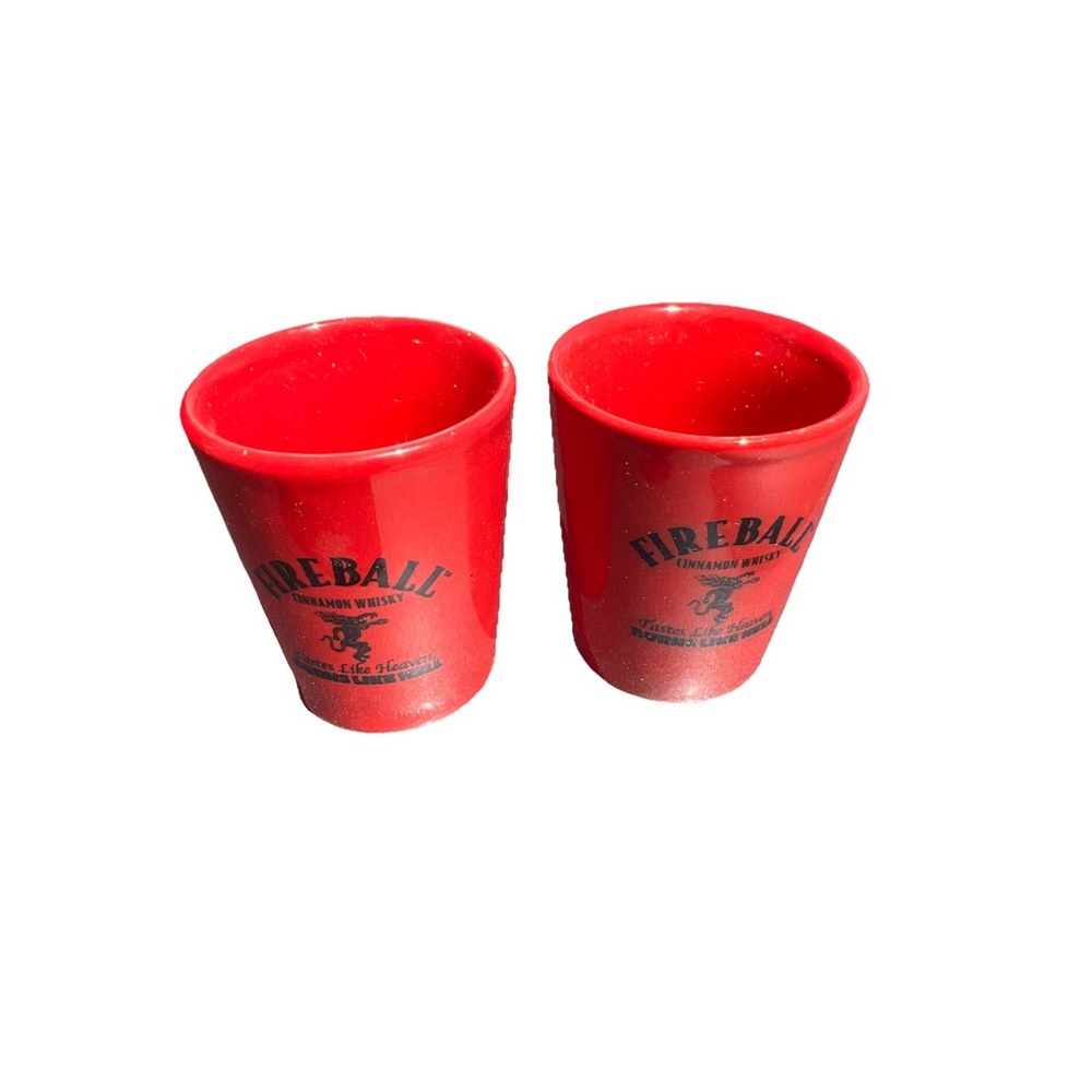 2 Fireball Cinnamon Whisky Ceramic Shot Glasses Red Letter B and L on Back‎